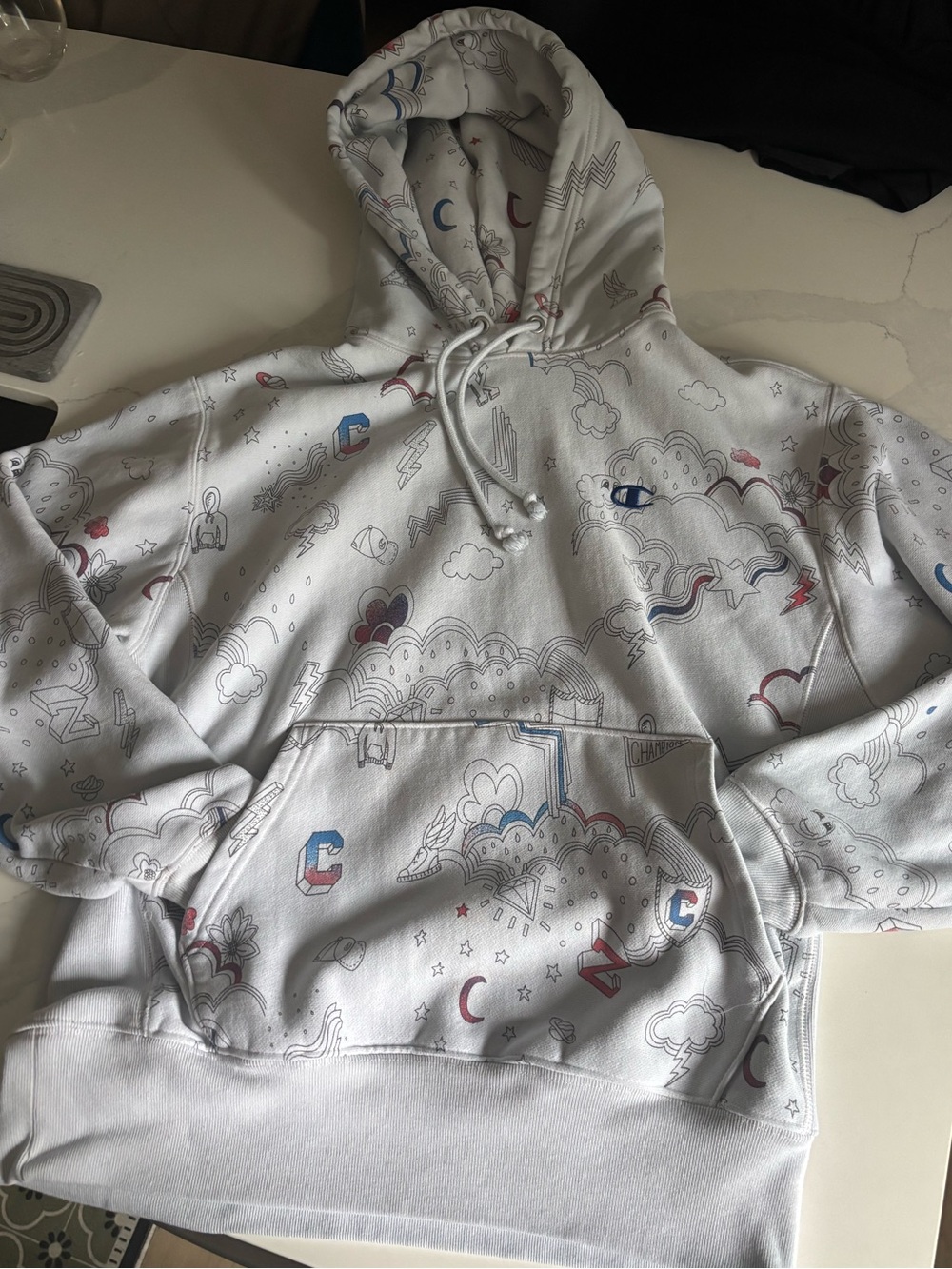 Champion Reverse Weave All-Over Print Doodle Hoodie in white